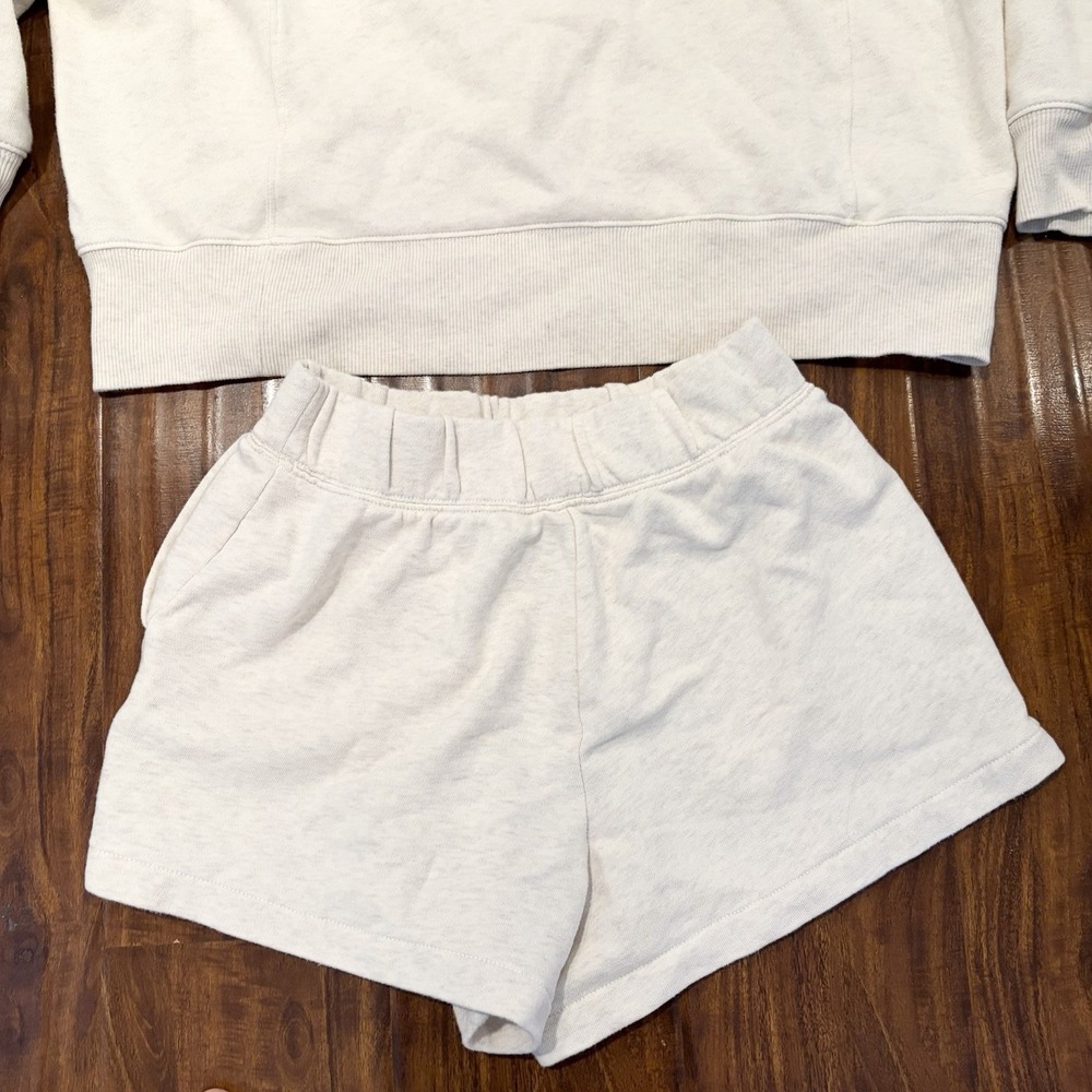 Aerie Matching Lounge Set Oversized Sweatshirt Fleece Shorts Beige 2 Piece S - Picture 6 of 8
